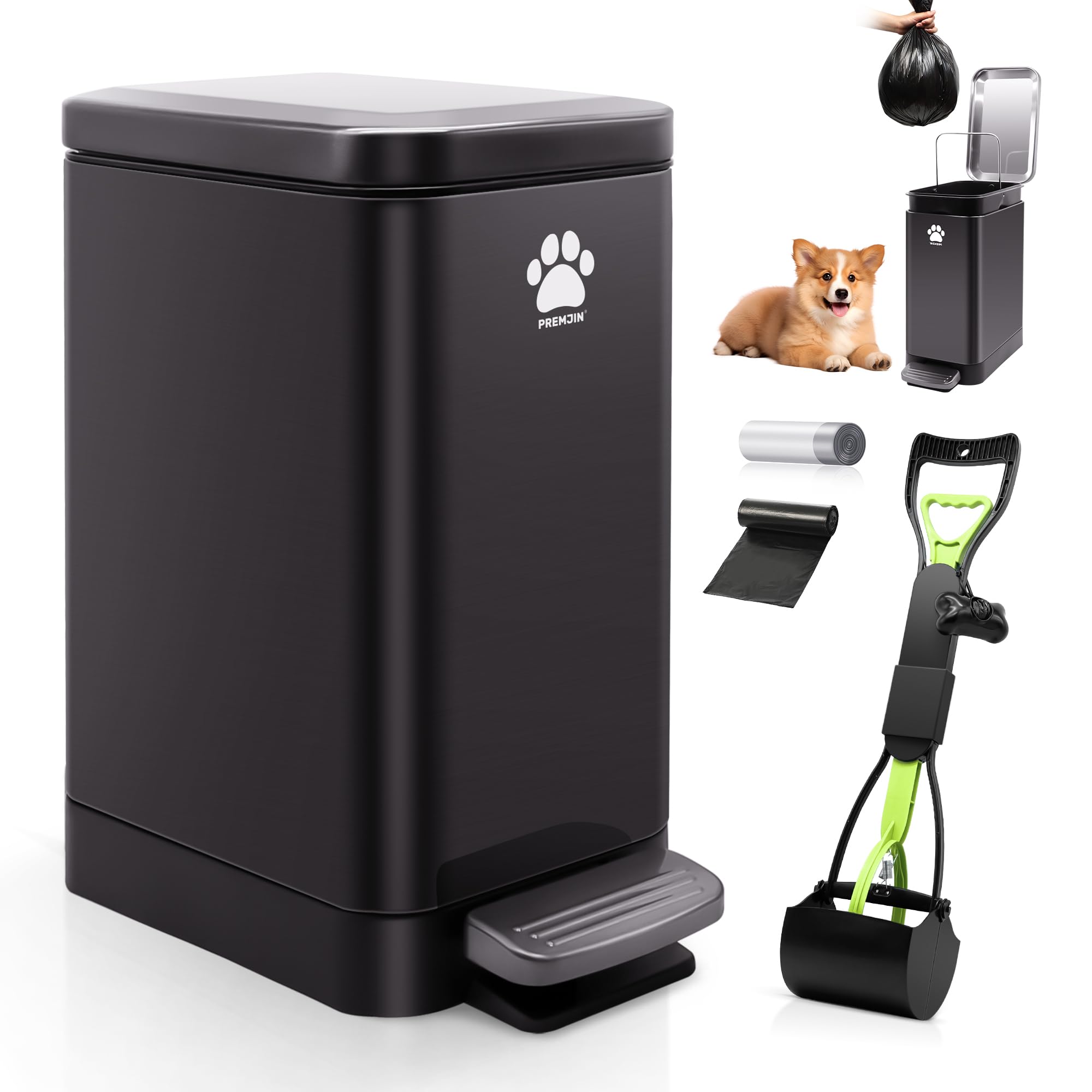Photo 1 of PREMJIN Dog Poop Trash Can Outside with Poop Scooper for Dogs, 12L/3.2Gal Metal Outdoor Garbage Can with Lid Suitable for Small, Medium and Large Dogs (Tungsten Steel)