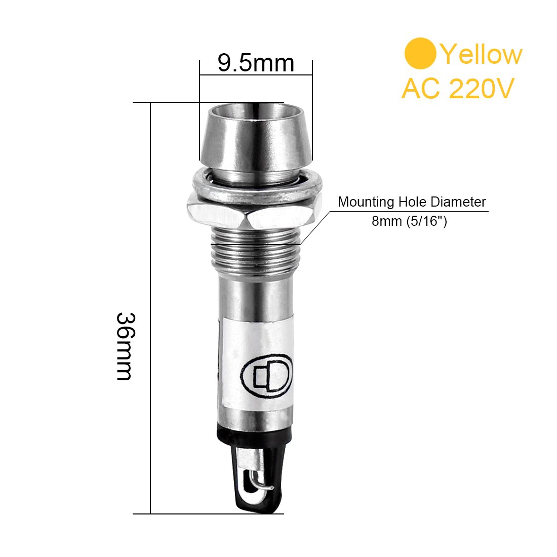 sourcing map Indicator Light AC 220V, Yellow, Metal Shell Panel Mount 5/16" 8mm 4Pcs, 4 Count (Pack of 1) - Image 3