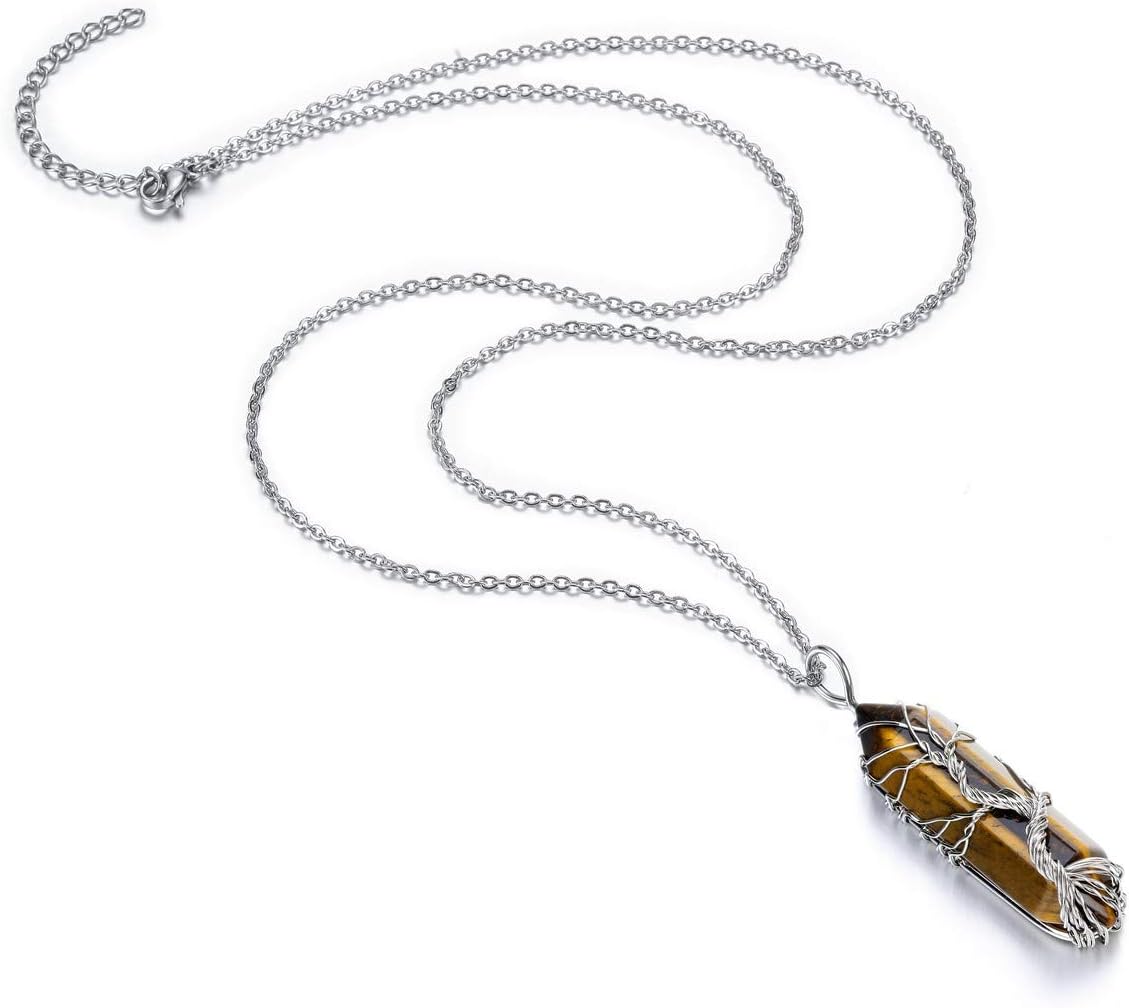 CrystalTears Natural Tiger Eye Healing Crystal Stone Necklace Tree Life Wire Wrapped Hexagonal Crystal Points Pendant Necklace for Women Gifts for Christmas - Image 3