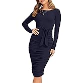 Valiamcep Womens Long Sleeve Midi Dress Boat Neck Ribbed Knit Tie Waist Ruched Bodycon Dresses