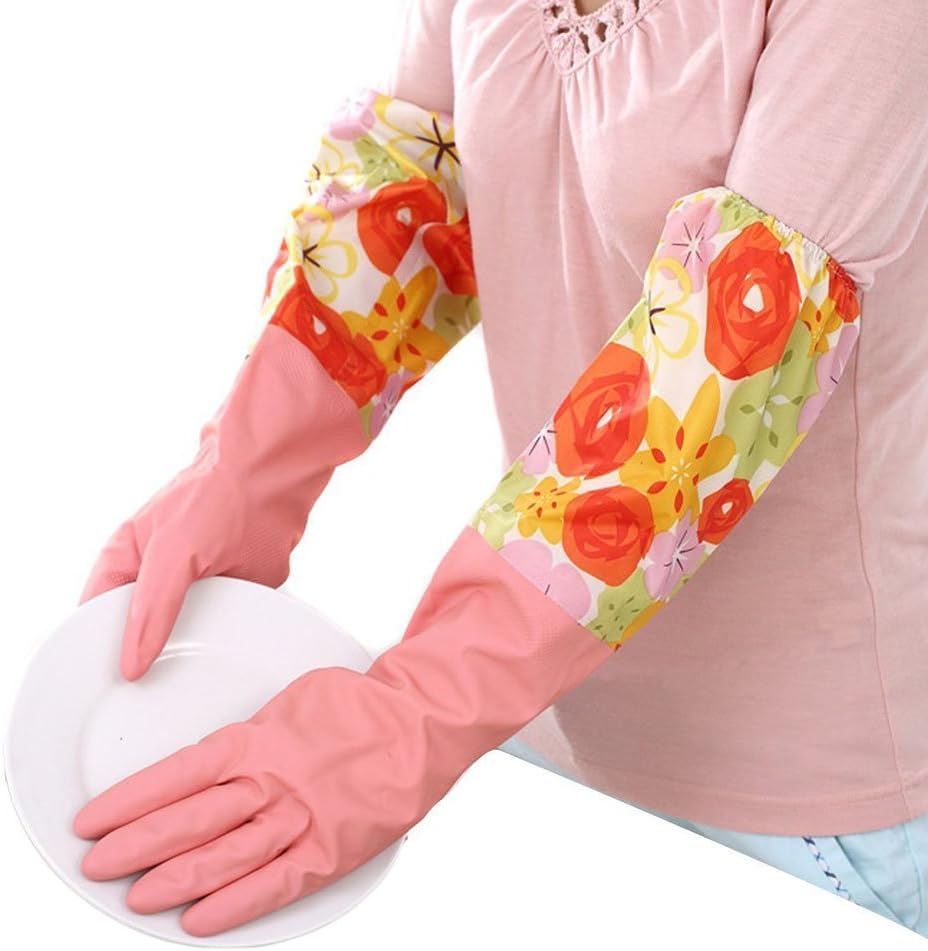 Waterproof Floral Print Kitchen Gloves Rubber Gloves Household Gloves Washing Up Gloves Dishwashing Cleaning Gloves for Women Ladies Pink