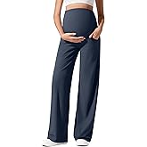 G4Free Ribbed Maternity Yoga Pants with Pockets Over The Belly Wide Leg Casual Pregnancy Lounge Trousers