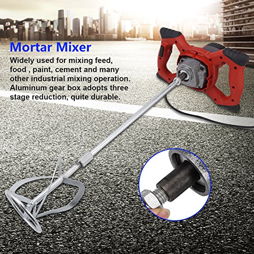 Liusin Electric Concrete Mixer Handheld 1500W Adjustable 7 Speed Heavy Duty Mortar Cement Mixer with Mixing Paddle for Thinset Grout and Mortar AC 110V (Red)