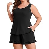 Lastshe Women Plus Size Pajama Set 2 piece Pjs Sleeveless Tank Tops Ruffled Shorts Print Super Soft Lounge Set Loungewear