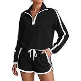Fisoew Womens 2 Piece Outfits Sets Zip V Neck Long Sleeve Pullover Tops Shorts Casual Tennis Running Tracksuits