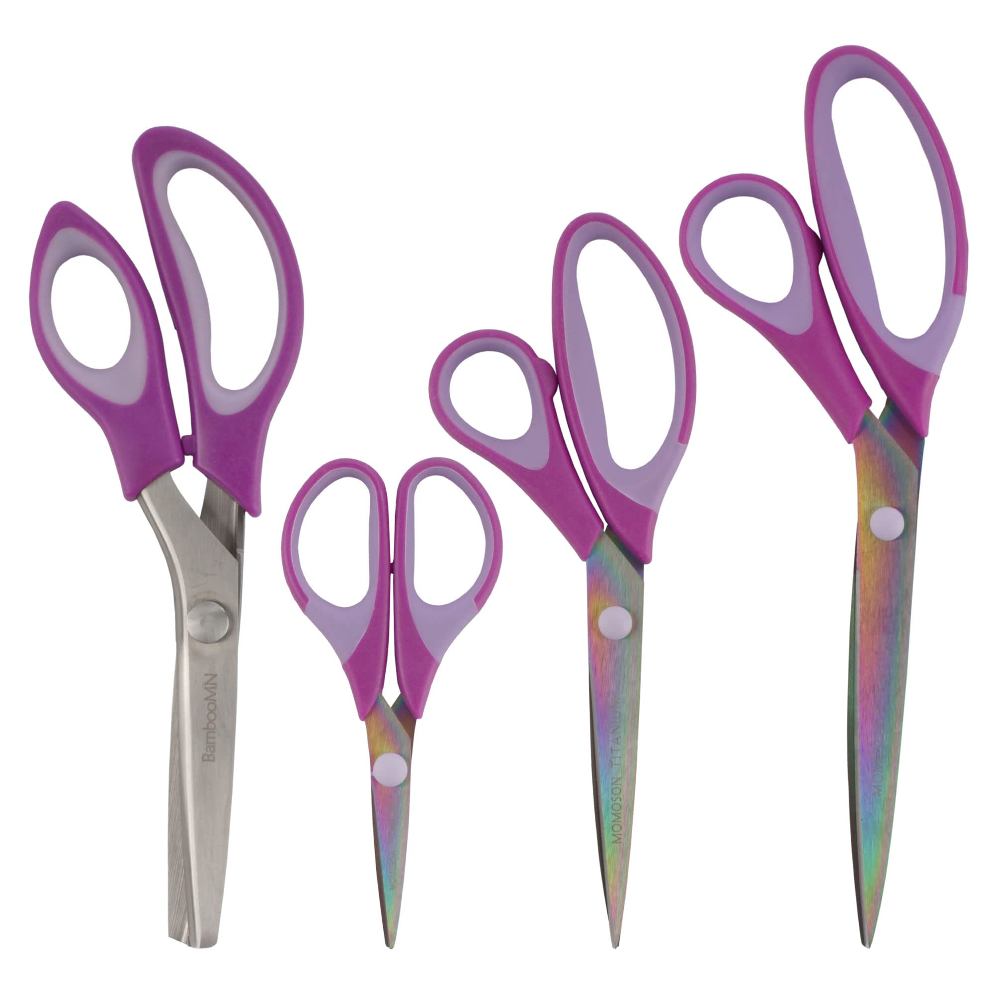 BambooMN Titanium Softgrip Scissors Set - Pinking, Sewing, Arts, Crafts, Office - 1 Set of 4 - Purple