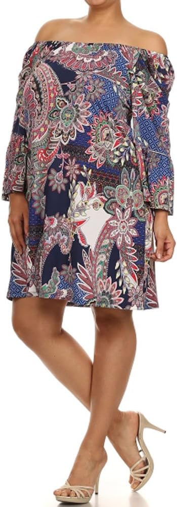 (Plus Size) Shift Dress Paisley Print Kimono Sleeve Off Shoulder (Made in U.S.A)