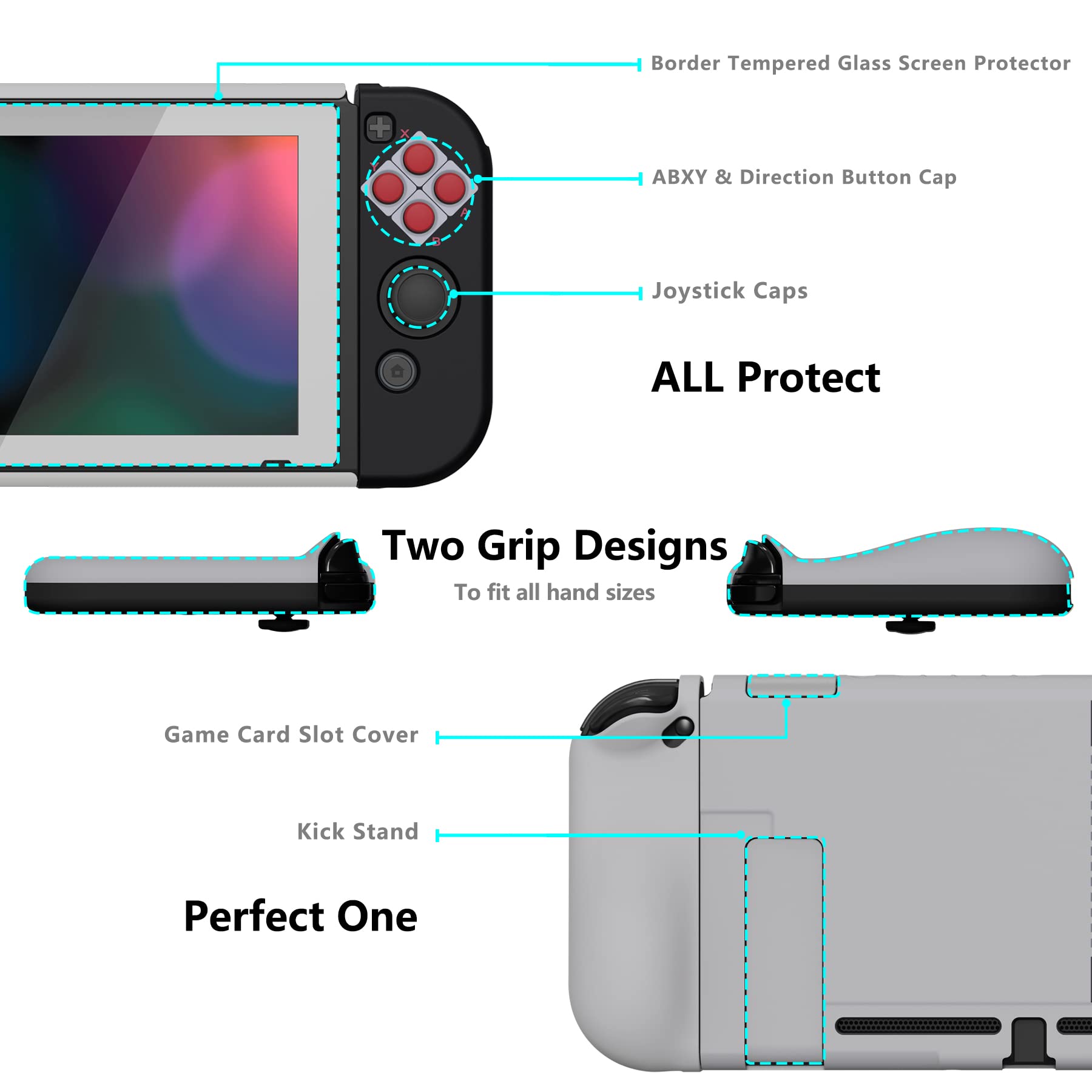 PlayVital AlterGrips Ergonomic Grips Cover for Nintendo Switch, [2 Design] Interchangeable Comfort Dockable Protective Case with Screen Protector & Thumb Grip Buttons Caps - Classics NES Style