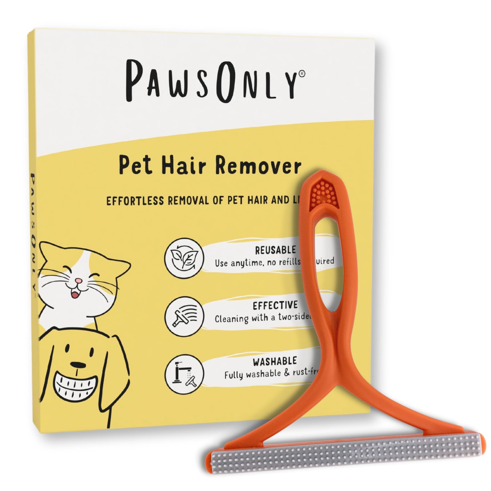 PawsOnly | Pet Hair Remover for Carpet, Furniture, Car, Sofa, Stairs, Clothes | Dog & Cat Fur Scraper Tool | Double Sided Plastic Brush | Reusable & Portable | Handheld Fluff Rake (Orange)