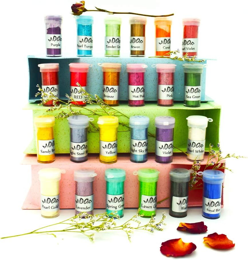 Moor Mica Powder 24 Color Shake Jars - 120g/4.23oz Set - Premium Cosmetic Grade Mica Pigment Powder for Epoxy Resin, Soap making, Slime, Bath Bombs, Polymer Clay, Tumblers, Makeup, Lip Gloss, Nail Art