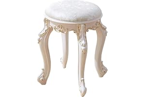 SUZEPER Vintage Upholstered Vanity Stool, Round Rectangular Vanity Chair with Carved Legs, Accent Makeup Stool Ottomans Bench