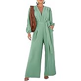 CHICME Womens Elegant Long Puff Sleeve Jumpsuit Deep V Neck Tie Waist Casual Wide Leg Pants Romper with Pockets