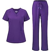 floralhue Scrubs for Women, V-Neck Scrubs Top & Cargo Pants with 12 Pockets, Yoga Waistband, 4 Way Stretch