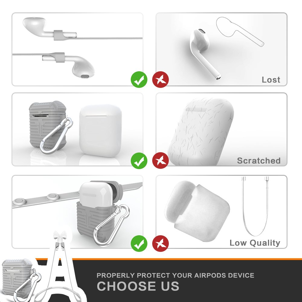 Silicone Apple AirPods Case Strap Accessories, Magnetic Straps Protective Skin Cover Set for Apple Wireless Earphone(Grey)
