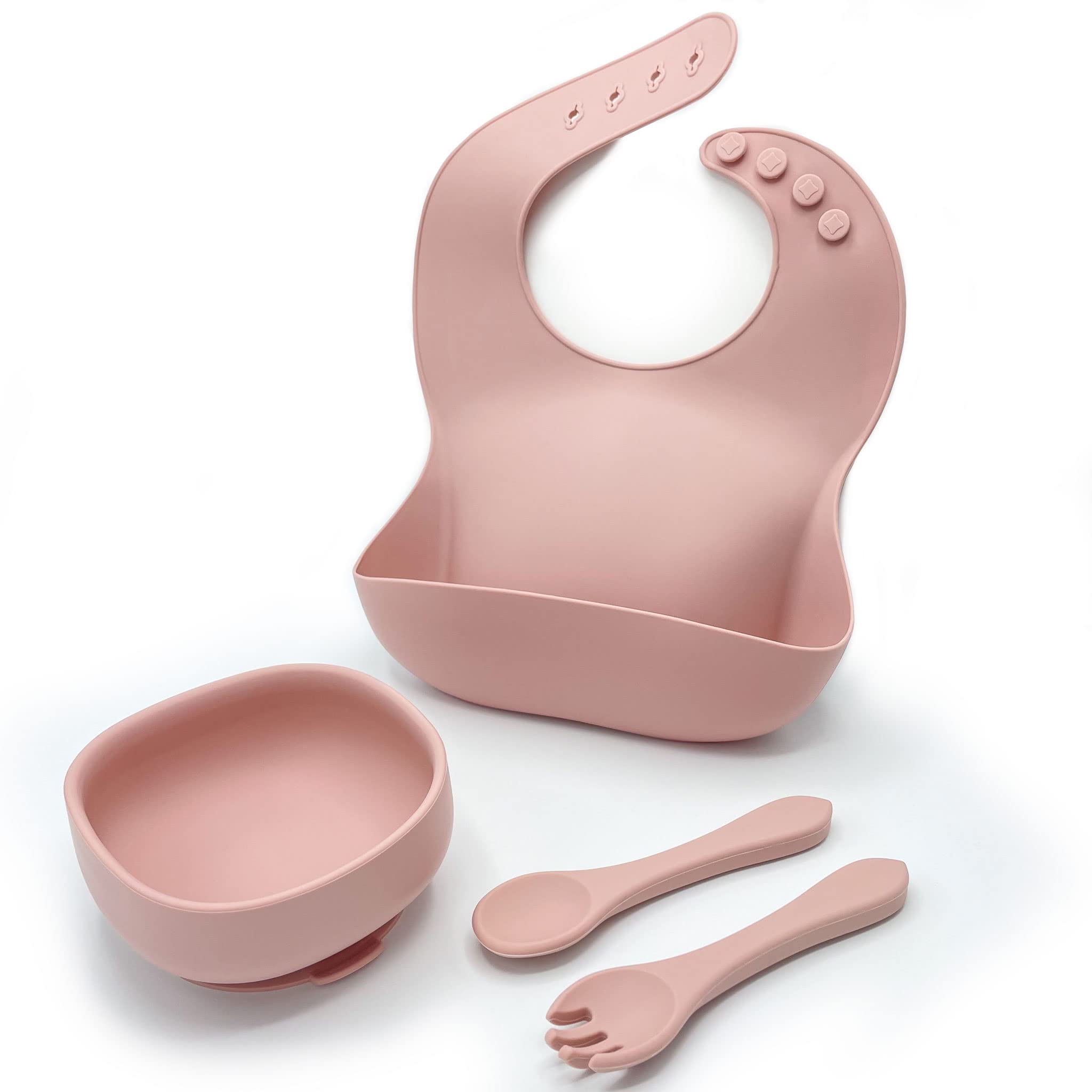 Eco Health Silicone Baby Bowl - Suction Plate Baby Weaning Set, Comes with Matching Silicon Fork and Spoon, for Baby Toddler Infant Feeding (Pink, Bowl with Bib)