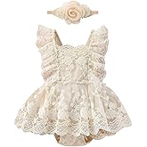 FYMNSI Newborn Baby Girl 1st Birthday Outfit Floral Lace Tulle Romper Tutu Dress Cake Smash Princess Boho Clothes Photo Shoot