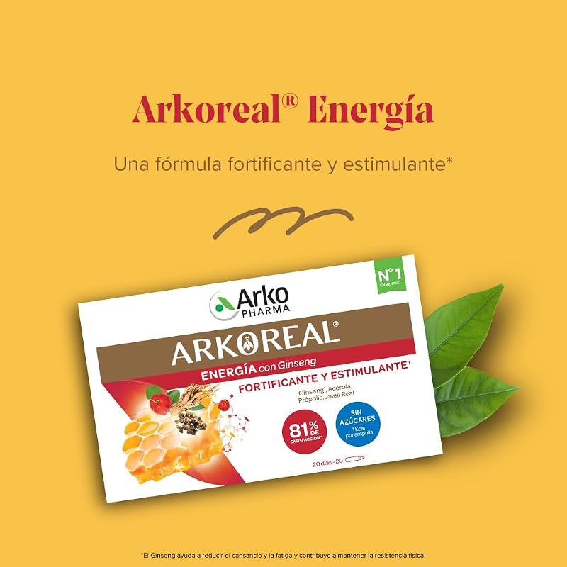 Arkopharma arkoreal royal jelly energy com ginseng sem açúcares 20 ampolas, plus energia, fortificante, estimulante, suplemento alimentar