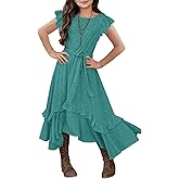 MITILLY Girls Loose Plain 3/4 Sleeve Casual Pocket Ruffle Swing Long Maxi Dress with Belt
