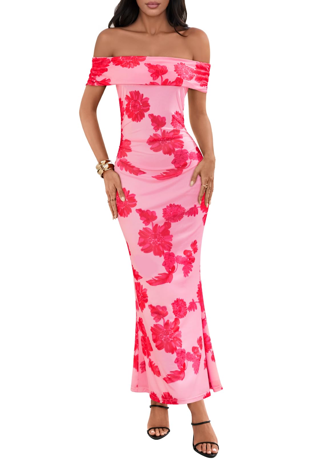 Photo 1 of MEROKEETY Women's Summer Off Shoulder Floral Maxi Dress 2025 Formal Wedding Guest Cocktail Bodycon Dresses, Pink, Medium