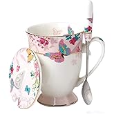 Krysclove Vintage Ceramic Tea Cup Coffee Mug with Lid and Spoon Set, Royal Fine Bone China Mugs (Pink)