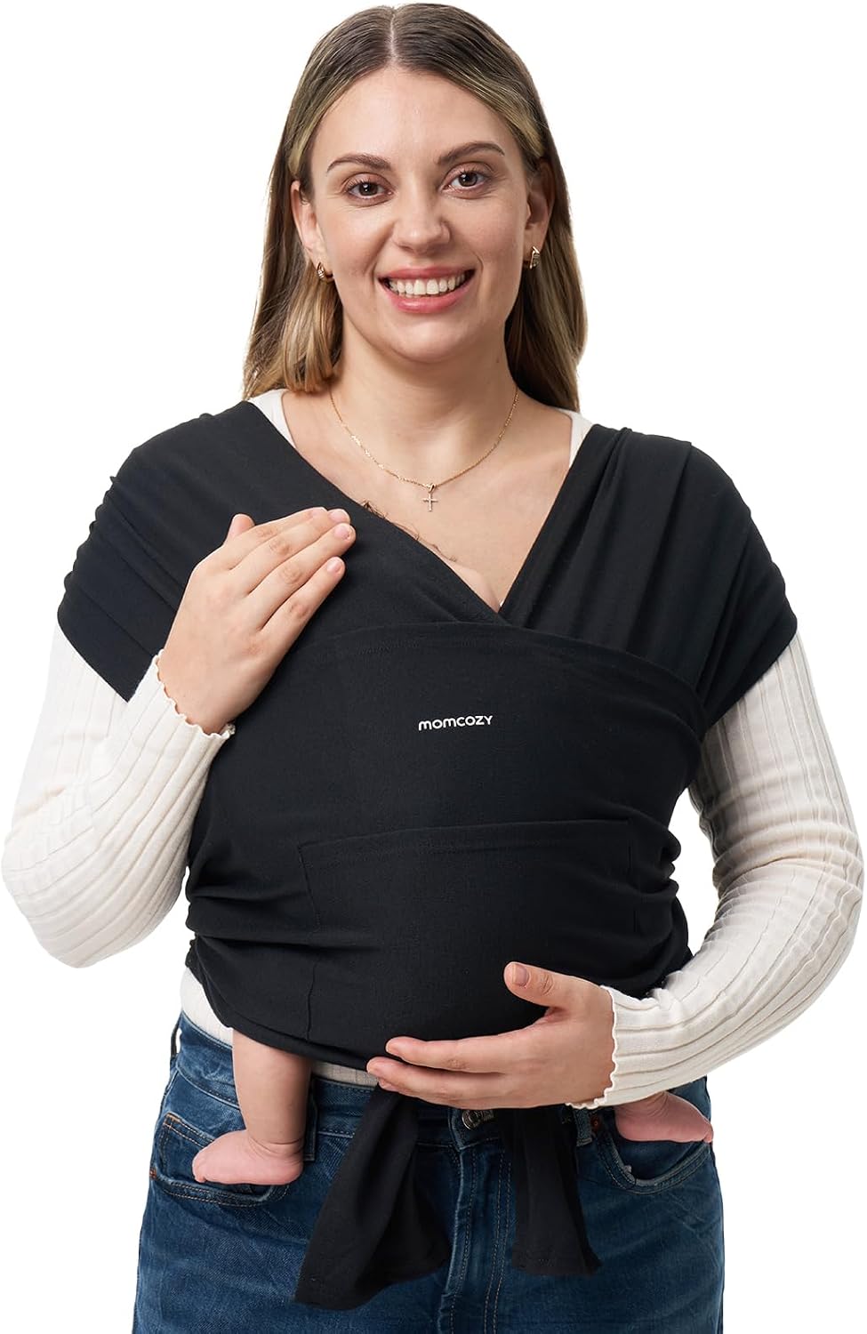 Momcozy Baby Wrap Carrier Slings, Infant Carrier Slings for Newborn up to 50 lbs, Baby Wrap Adjustable for Adult Fits Sizes XXS-XXL, Easy to Wear Baby Carriers, Ergonomic Front Facing/Back, Black