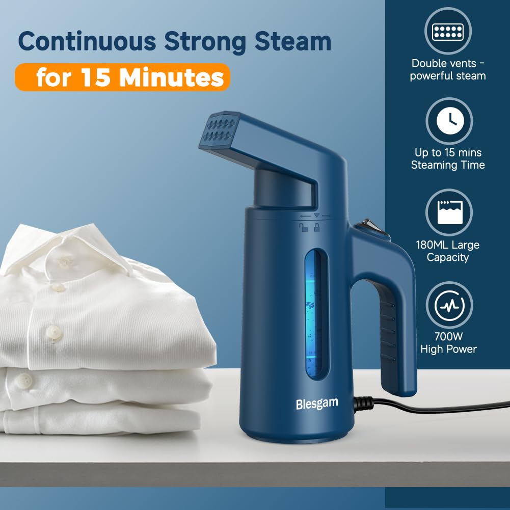Steamer for Clothes 700W, Double Row Steam Clothes Steamer, Travel Steamer with 180ML Large Capacity Water Tank, 40S Fast Heat-up Garment Steamer for Home and Office(GY168)