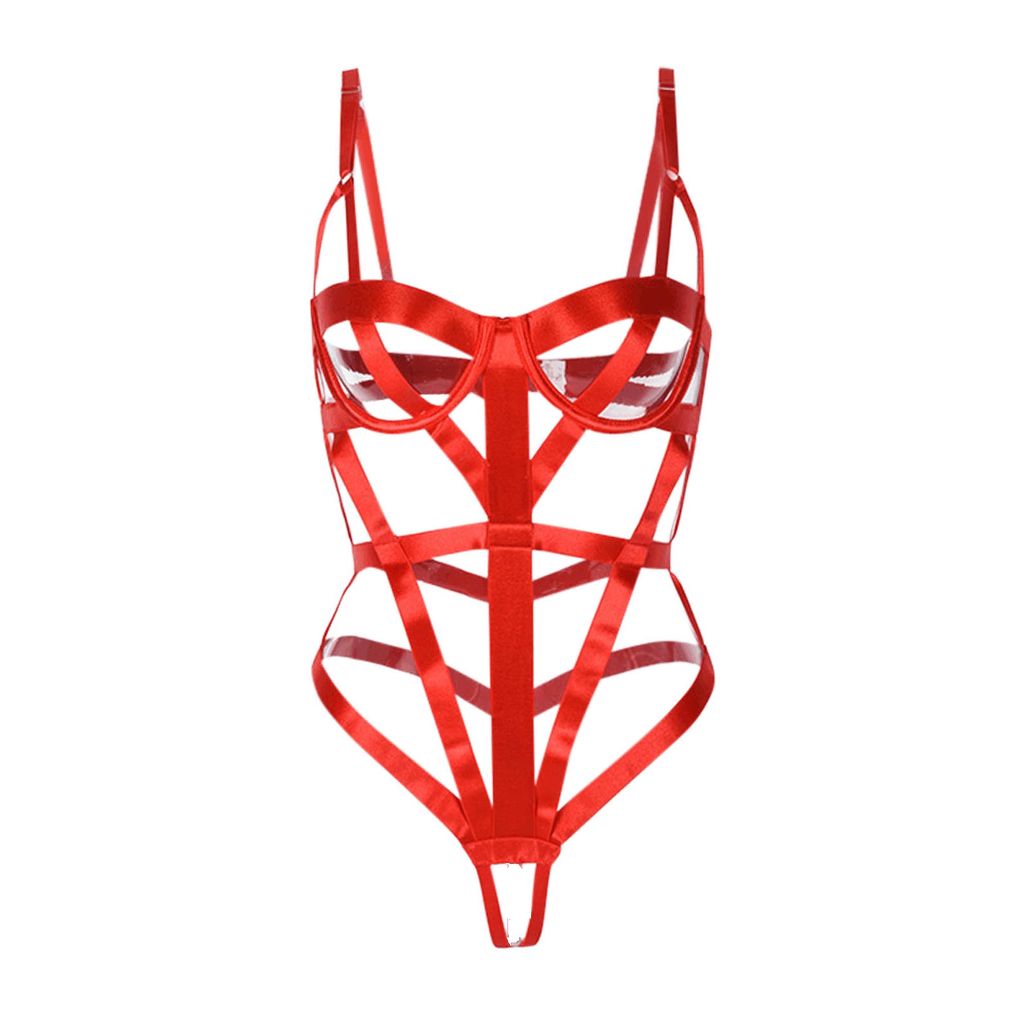 SINMIUANIME Women's Body Harness Cosplay Lingerie Full Waist Garter Belts Strappy Frame Bras And Panty Set (1626Red, X Large)
