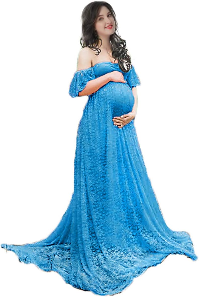 Women's Off Shoulder Ruffle Sleeve Lace Maternity Gown Plus Maxi Photography Dress
