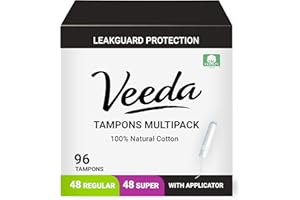 Veeda 100% Natural Cotton Compact Regular and Super Tampons - Compact BPA-Free Applicator - Unscented, Chlorine & Toxin Free 