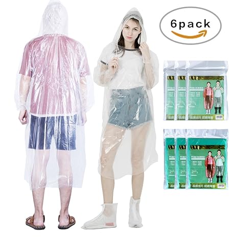 VEGKEY Regenponcho mit Kapuze, 6 Stück Einweg Notfall Regenponcho wiederverwendbar Regenmäntel Wasserdicht, Atmungsaktiv Rege