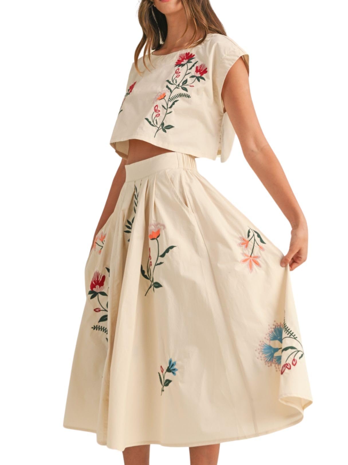 Photo 1 of Yinawsky Women Floral Embroidery Dress Sleeveless 2 Piece Tank Top and Skirt Loose Fit Boho Dress(0324-White-L)