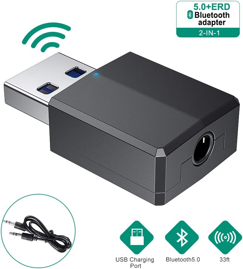 CABLETRANS Bluetooth Adapter, 2-in-1 Transmitter & Receiver 5.0 USB Dongle Bluetooth Adapter Hi-fi Audio Adapter with 3.5mm Cable for Headphones/Speaker/PC/TV/Car/Home(USB Just For Power (Black)