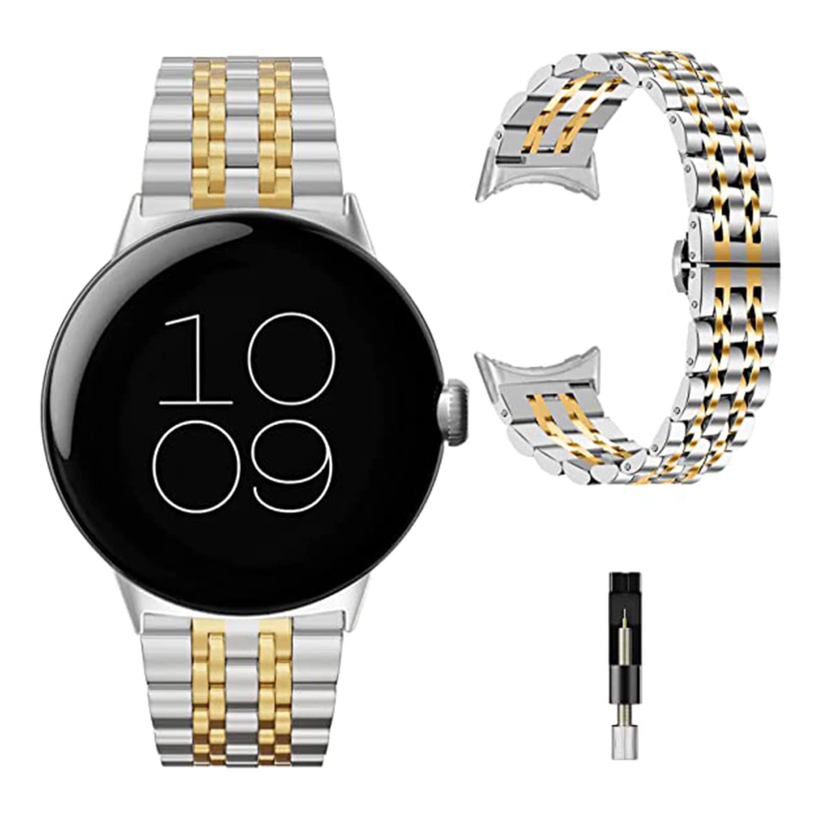 Miimall Metal Strap for Google Pixel Watch 4/3/2/1 41mm, Ultra-thin Stainless Steel Band with Folding Clasp Men Women Adjustable Replacement Strap Wristband for Pixel Watch 4 41mm 2025-Silver+Gold โ image 1