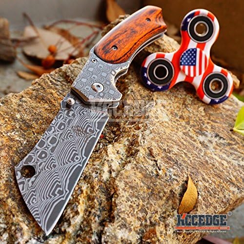 HOT COMBO Fidget Hand Spinner Toy + CAMPING HUNTING CLEAVER Assisted Open Pocket Folding Razor Knife SURVIVAL EDC TOOL (Damascus+US Flag)