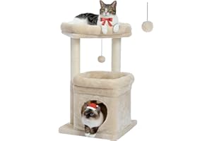 PEQULTI Cat Tree Tower for Indoor Cats with Private Cozy Condo, Natural Sisal Scratching Posts and Plush Pom-pom Small