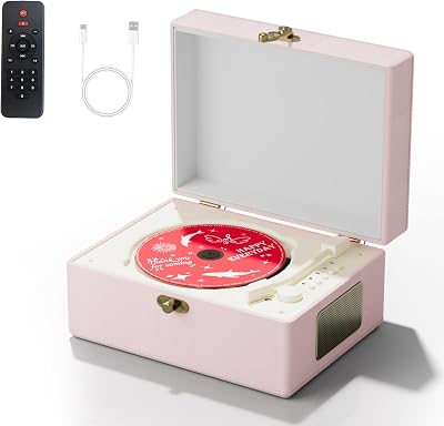 Yintiny Time Music Box CD Player with Speakers Bluetooth Transmitter Pink