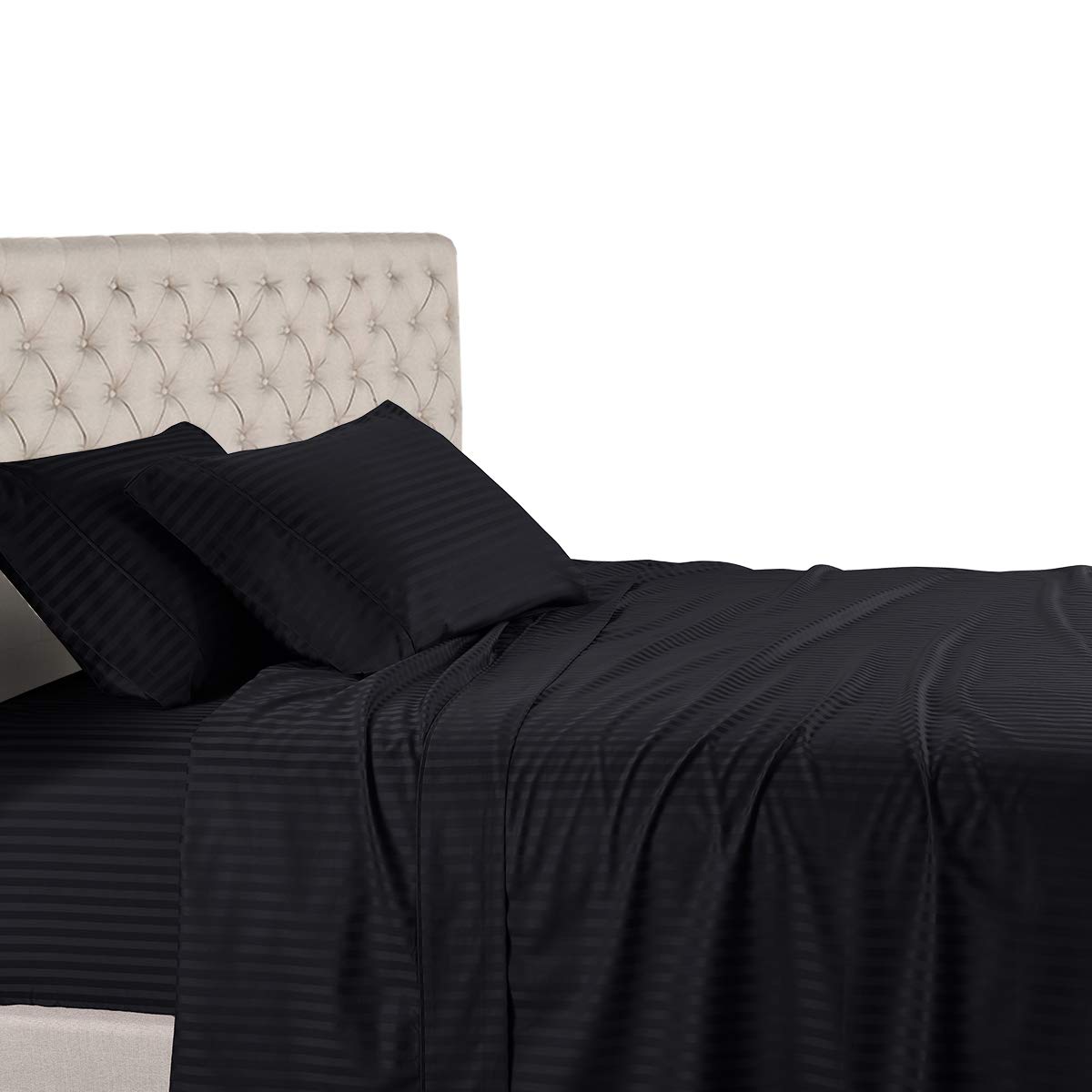 Royal Hotel Stripe Sheets - 600 Thread Count - 4PC Bed Sheet Set - 100% Cotton - Sateen Stripe, Deep Pocket, California King Size Size, Black