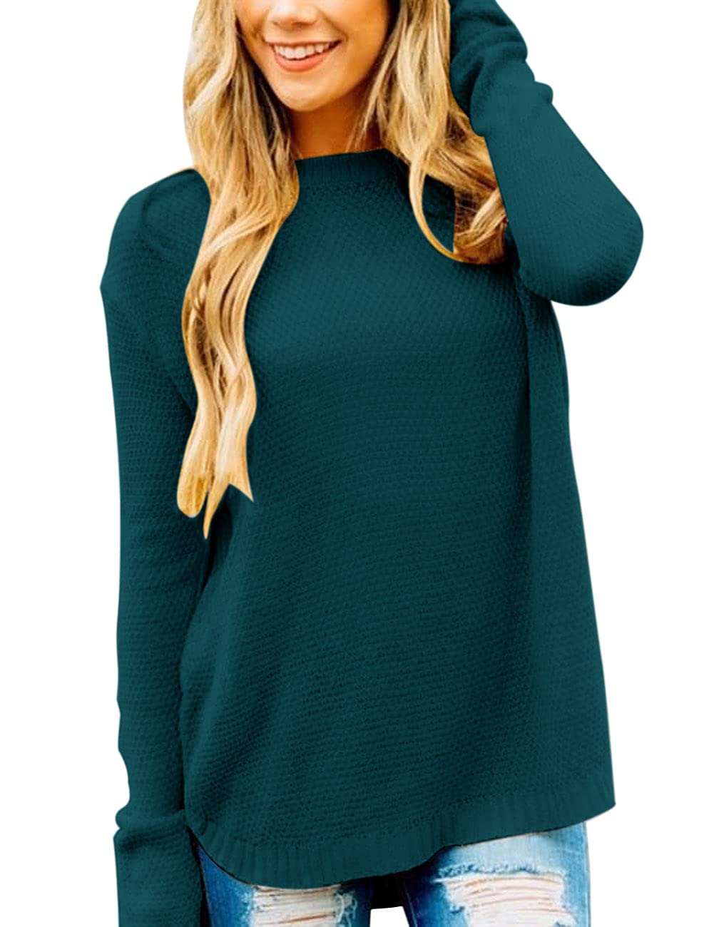 MEROKEETY Women's Casual Long Sleeve Sweaters 2025 Loose Crew Neck Fall Winter Knit Pullover Sweater Tops, Teal Green XL Image