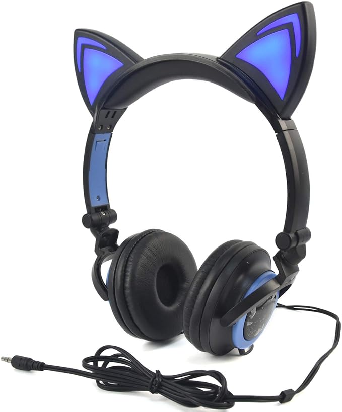 Limson Katzen Ohr Kopfhorer Scherzt Headphones Faltbares Uber Ohr Spiel Headsets Mit Led Licht Ausstrahlendem Verdrahtetem Cosplay Kopfhorer Schwarz Blau Amazon De Elektronik