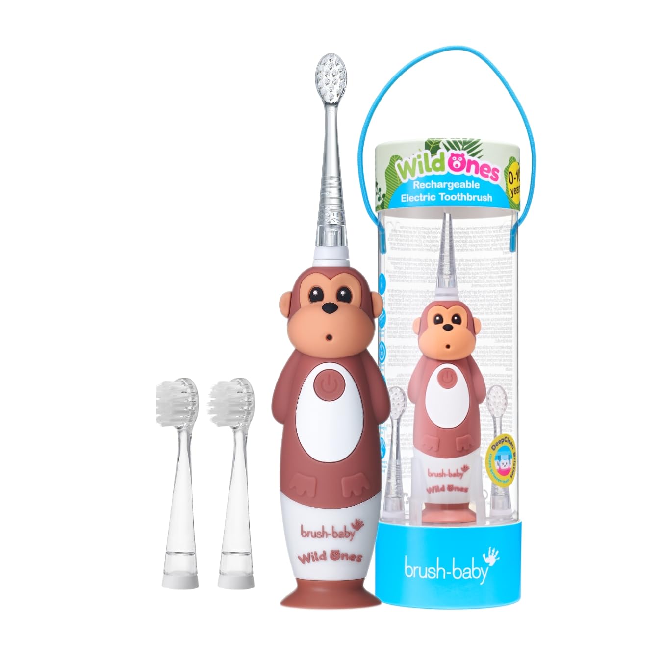 Brush-Baby - Rechargeable Electric Toothbrush for Kids, 0-10 Years - WildOnes, Monkey Design with Flashing Lights - DeepClean Bristles for Superior Clean - 2X Replacement Heads, 1x USB Cable