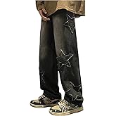 VIPWOLF Men's Y2K Hip Hop Baggy Jeans Star Graphic Wide Leg Denim Pants Streetwear
