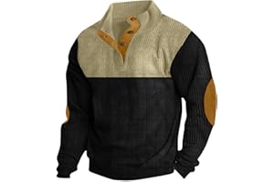 Dgoopd Men's Corduroy Sweatshirt Mock Neck Henley Sweater Long Sleeve Vintage Sweatshirt Casual Pullover with Elbow Patches