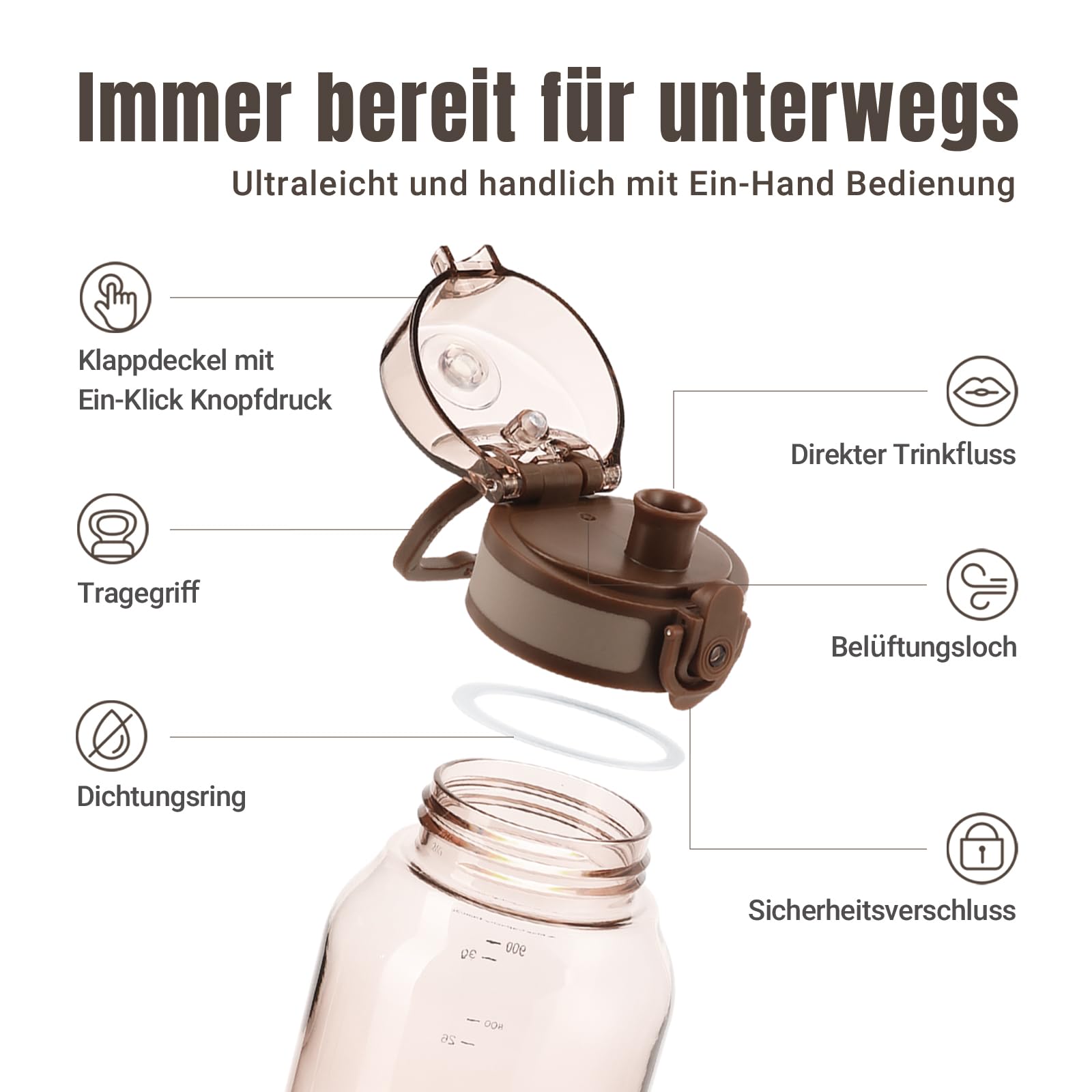 UZSPACE Trinkflasche Sport 1L, Tritan Bpa-Frei Trinkflasche Auslaufsicher mit Einhandbedienung, Kohlensäure Geeignet, Spülmaschinenfest, Wasserflasche für Gym Frauen Yoga, Braun 2