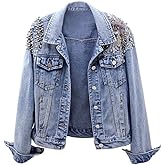 Kedera Women's Denim Jacket Long Sleeve Western Rivet Studded Washed Pearl Short Jean Coat