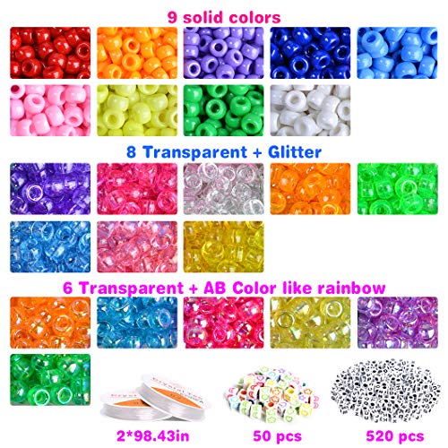 3640+pcs Pony Beads Kit for Bracelet Jewelry Making, Hair Beads, Include 23 Colors Rainbow Beads(9mm), 520 Letter Beads, 50 Color Beads, 90 Heart & Heart Beads and 2 Rolls Elastic String.