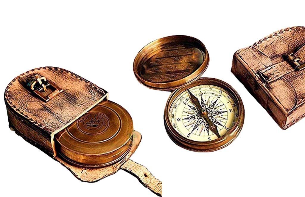 Photo 1 of 2.5" Robert Frost Poem Compass with Handmade Leather Carry Case Free Rustic Vintage Home Decor Gifts