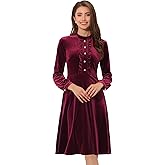 Allegra K Velvet Dress for Women's Mock Neck Button Front Ruffle Vintage Flared Dresses
