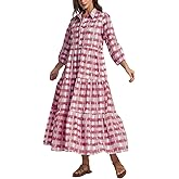 D-Sun Women Long Sleeve Maxi Dress V Neck Button Down Flowy Tiered Ruffle Shirt Dress Casual Fall Long Dresses