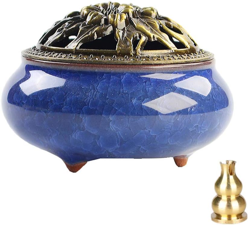 Zaoniy Ceramic Home Incense Burner with Fireproof Cotton,Porcelain Incense Holder,Porcelain Charcoal Censer for Use with Resin Granular Powder Cone or Coil Incense (Blue-1)