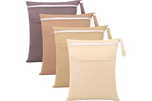 SATINIOR 4 Pack Wet Dry Bags for Baby Cloth Diapers Washable Travel Swimsuit Wet Bags Reusable with Two Zippered Pockets for Yoga Gym Swimsuits Travel Beach Pool Soiled Items(Maillard Color)